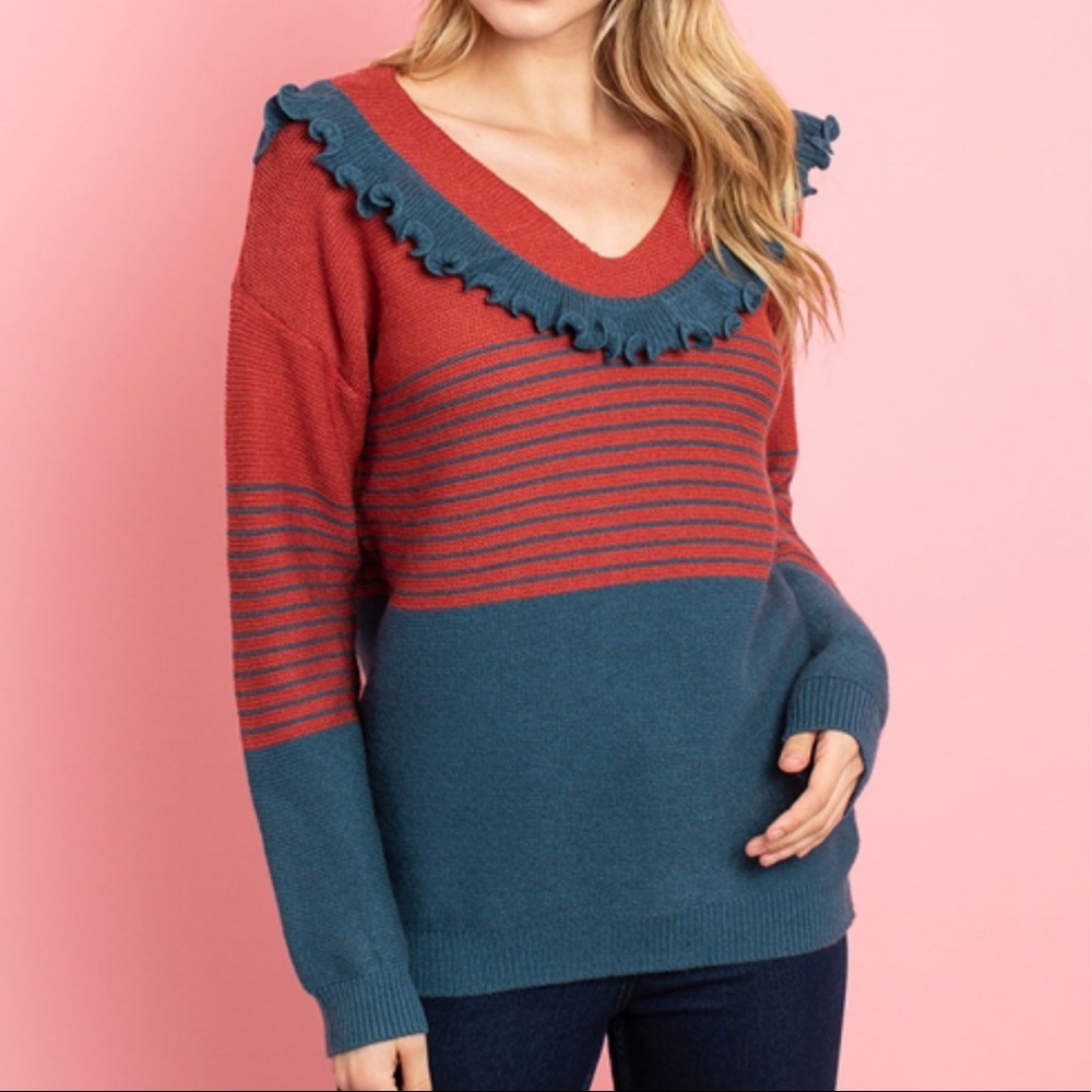 Entro Teal & Rust Striped Ruffle Sweater